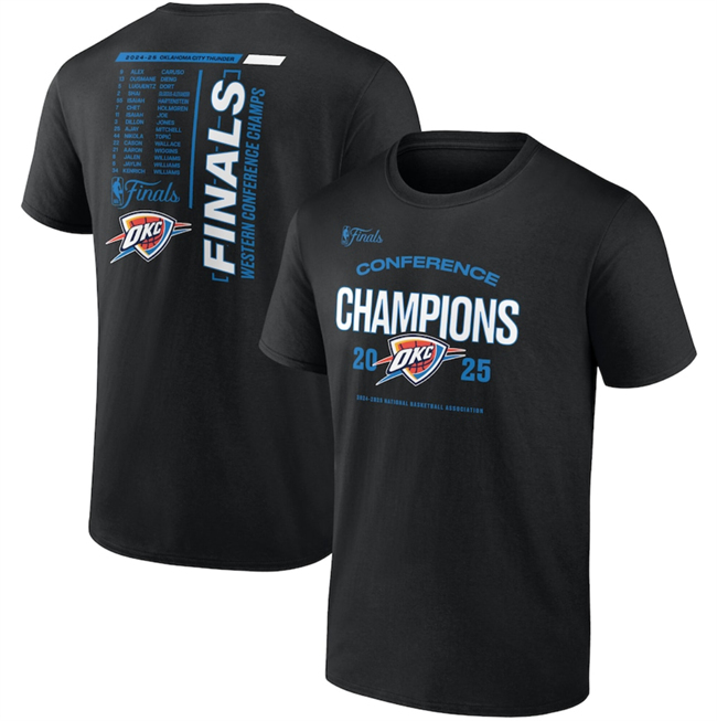 Men's Oklahoma City Thunder Black 2025 Western Conference Champions Roster Buzzer Beater T-Shirt